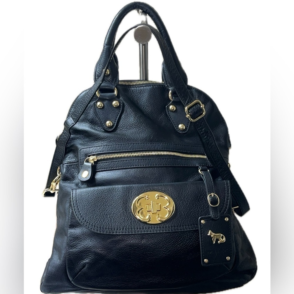 Emma Fox Black Leather Satchel Gold Hardware Convertible Shoulder Bag Purse Lg